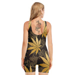 Gold Cannabis Leaf Pattern Print Sleeveless One Piece Swimsuit