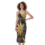 Gold Cannabis Leaf Pattern Print Slim Fit Midi Cami Dress