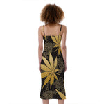 Gold Cannabis Leaf Pattern Print Slim Fit Midi Cami Dress