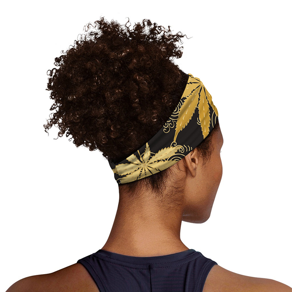 Gold Cannabis Leaf Pattern Print Sports Headband