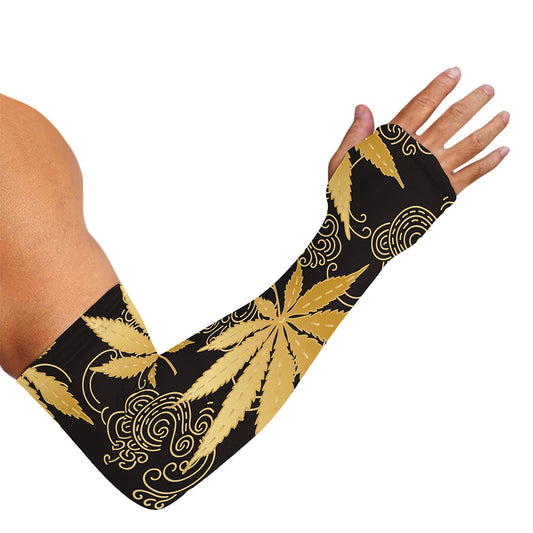 Gold Cannabis Leaf Pattern Print Sun Protection Arm Sleeves