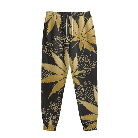 Gold Cannabis Leaf Pattern Print Sweatpants