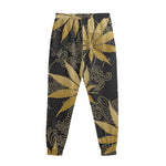 Gold Cannabis Leaf Pattern Print Sweatpants