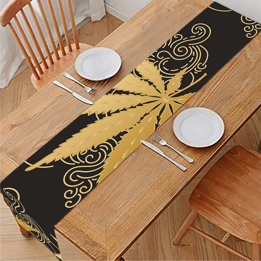 Gold Cannabis Leaf Pattern Print Table Runner