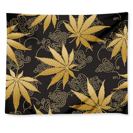 Gold Cannabis Leaf Pattern Print Tapestry