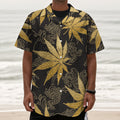 Gold Cannabis Leaf Pattern Print Textured Short Sleeve Shirt
