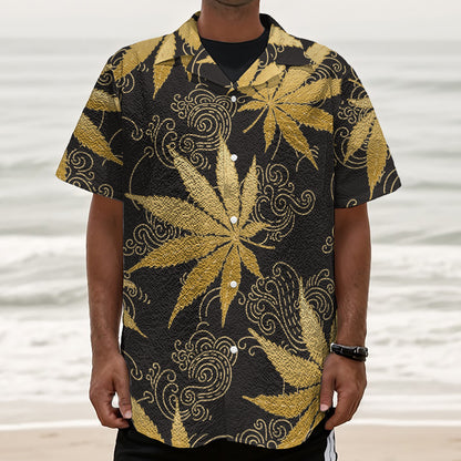 Gold Cannabis Leaf Pattern Print Textured Short Sleeve Shirt