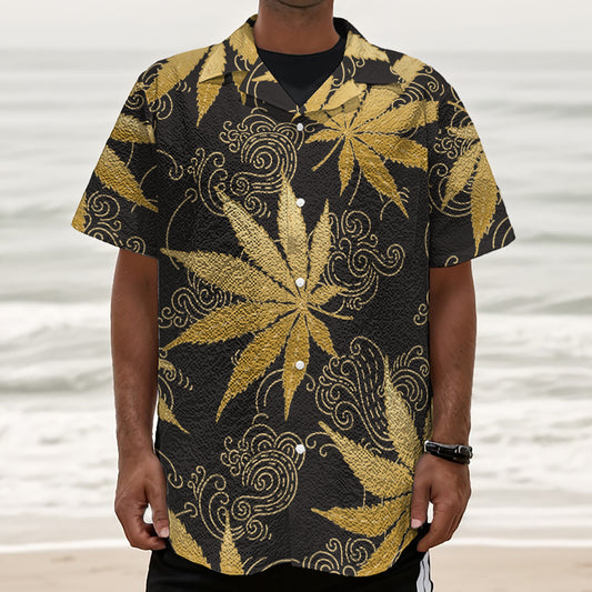 Gold Cannabis Leaf Pattern Print Textured Short Sleeve Shirt