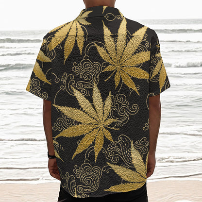 Gold Cannabis Leaf Pattern Print Textured Short Sleeve Shirt