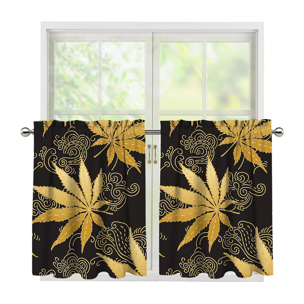 Gold Cannabis Leaf Pattern Print Tier Curtains