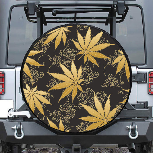 Gold Cannabis Leaf Pattern Print Tire Cover