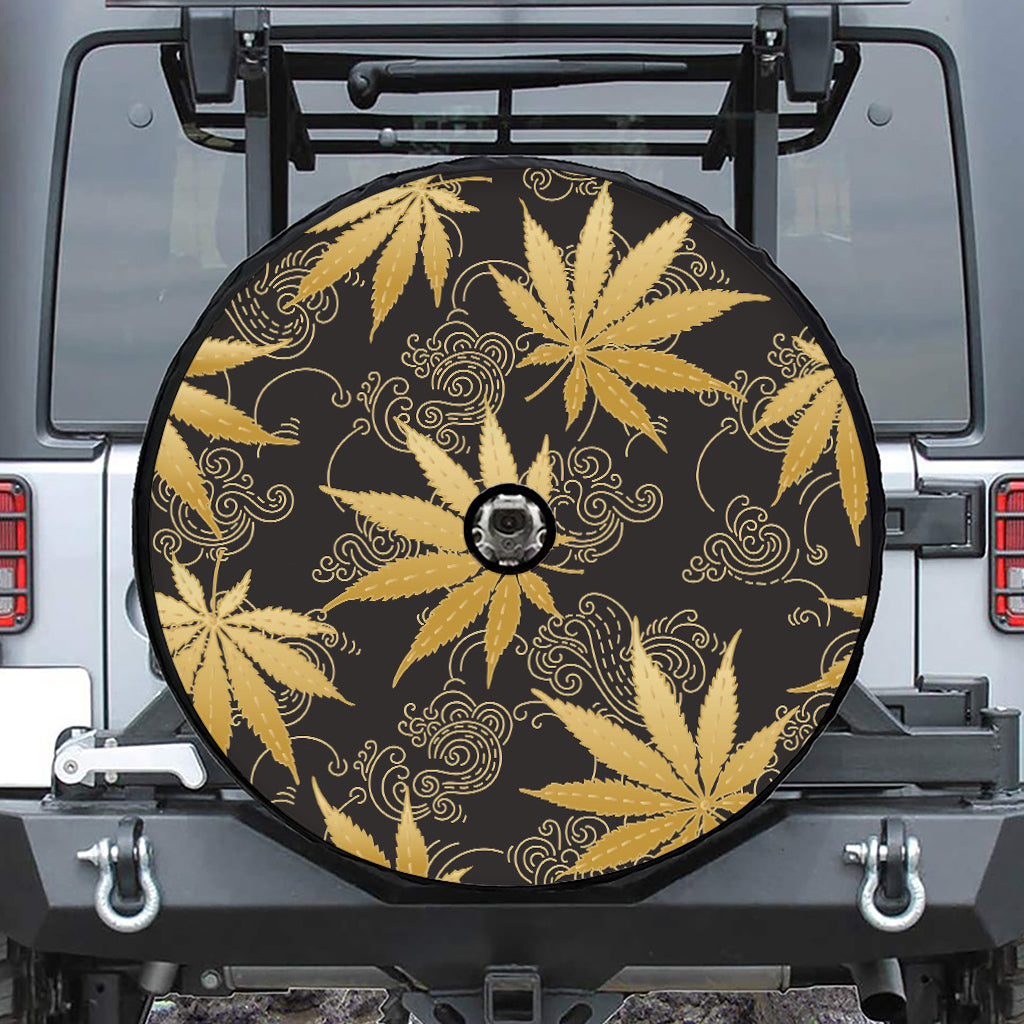 Gold Cannabis Leaf Pattern Print Tire Cover With Camera Hole