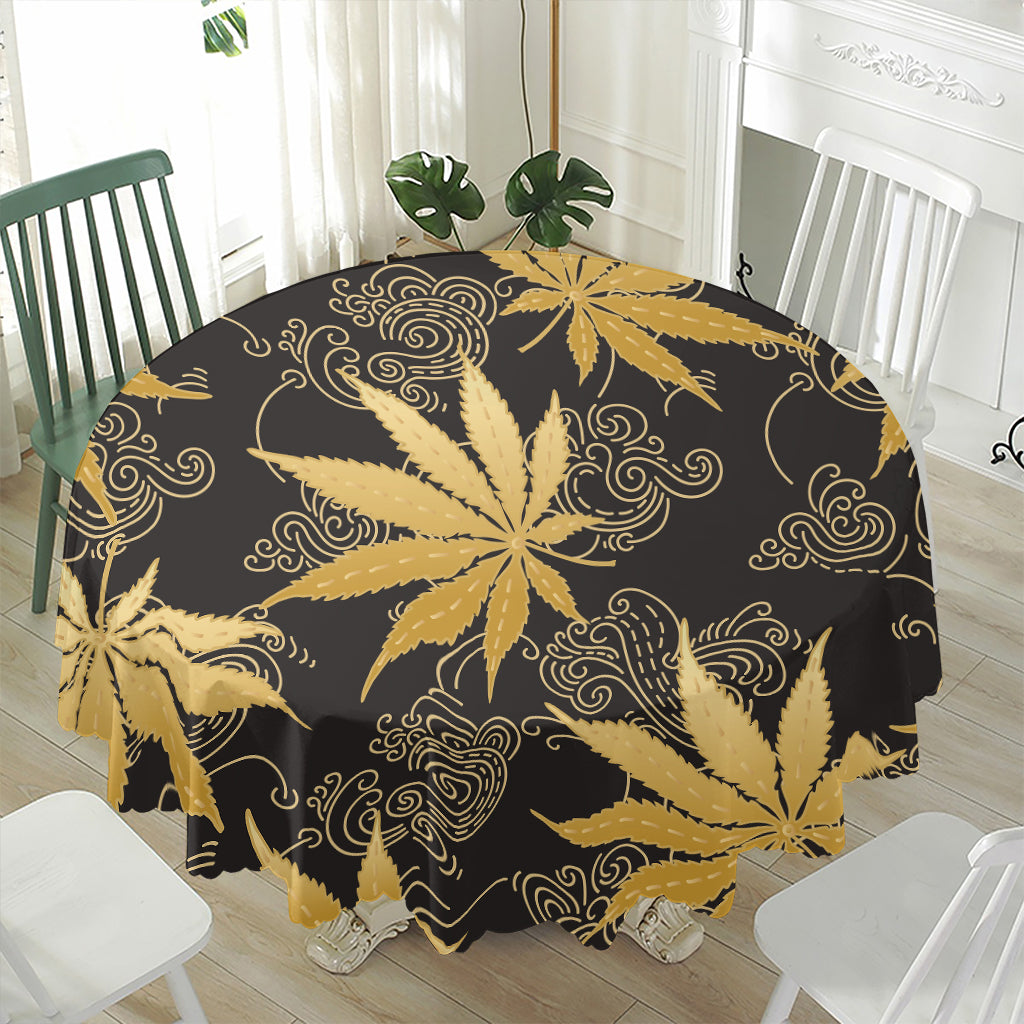 Gold Cannabis Leaf Pattern Print Waterproof Round Tablecloth