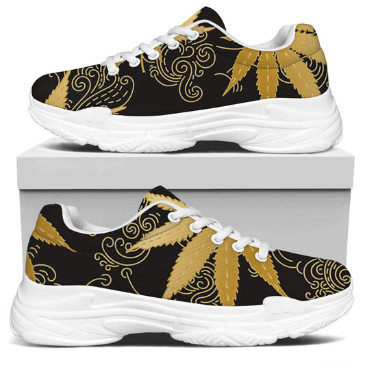 Gold Cannabis Leaf Pattern Print White Chunky Shoes