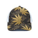 Gold Cannabis Leaf Pattern Print White Mesh Trucker Cap
