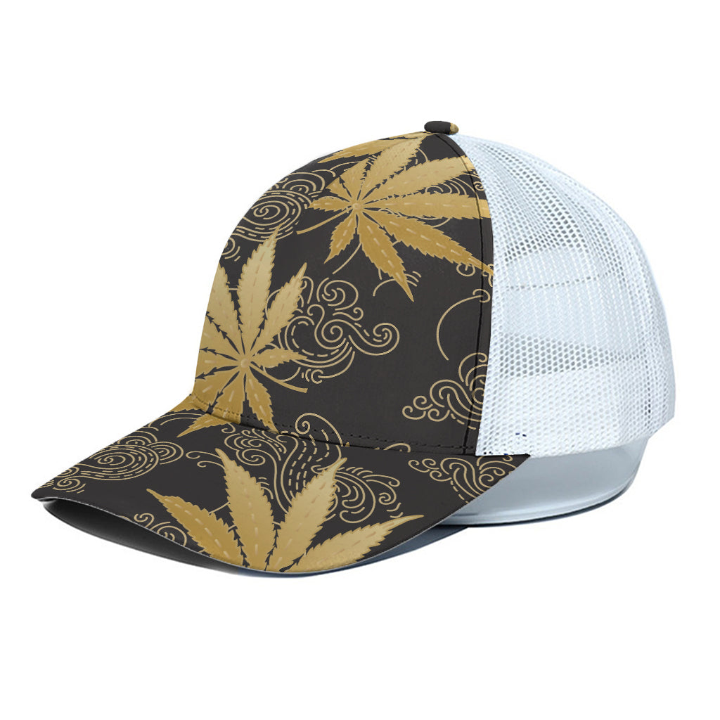 Gold Cannabis Leaf Pattern Print White Mesh Trucker Cap