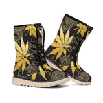 Gold Cannabis Leaf Pattern Print Winter Boots