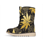 Gold Cannabis Leaf Pattern Print Winter Boots