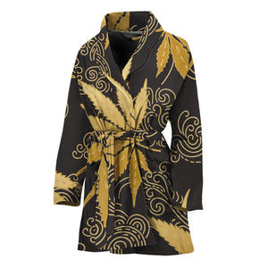 Gold Cannabis Leaf Pattern Print Women's Bathrobe