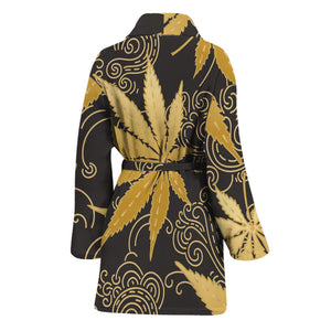 Gold Cannabis Leaf Pattern Print Women's Bathrobe