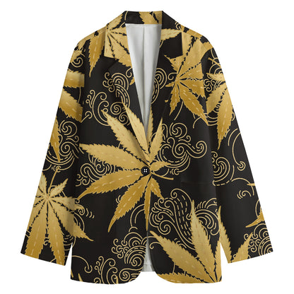 Gold Cannabis Leaf Pattern Print Women's Blazer