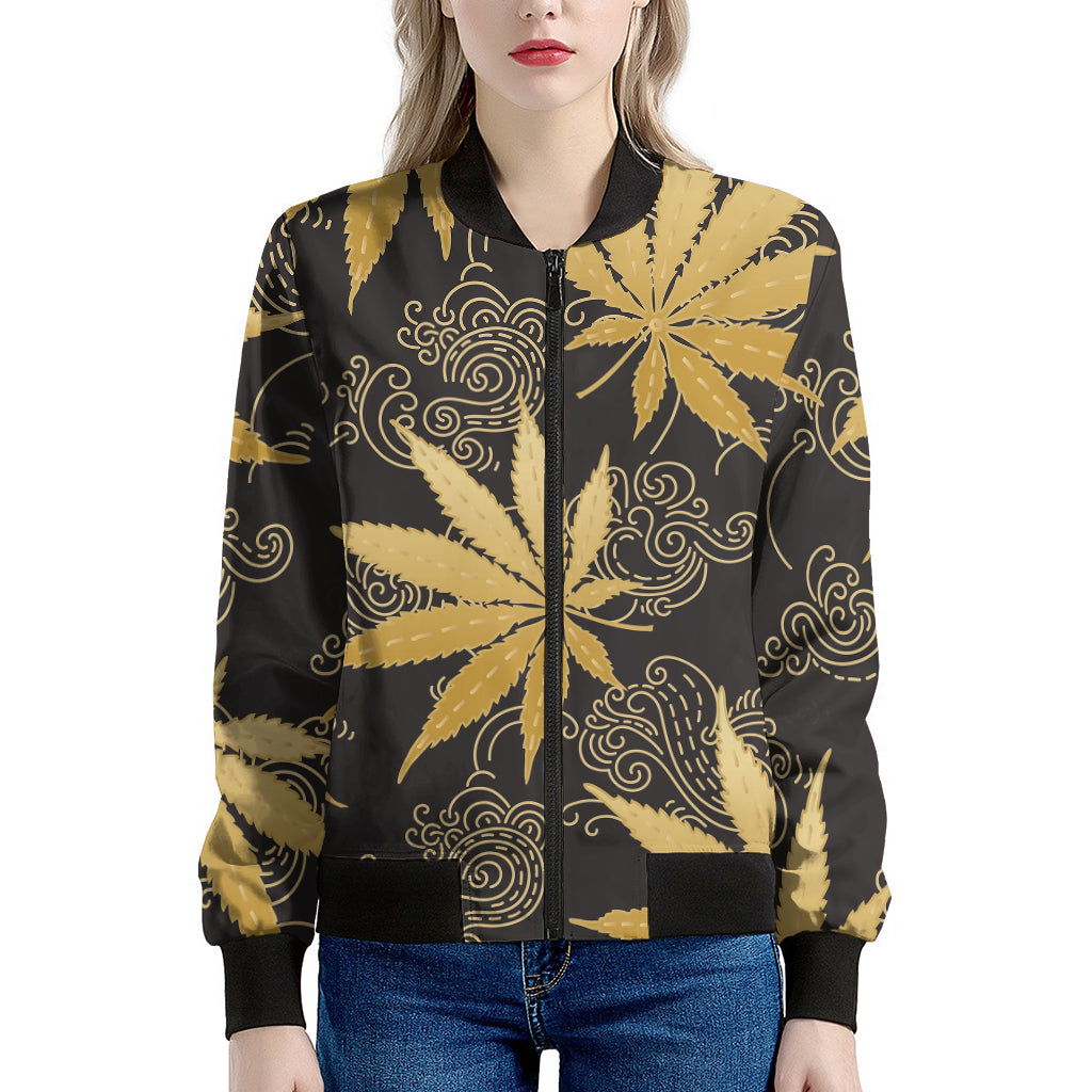 Gold Cannabis Leaf Pattern Print Women's Bomber Jacket