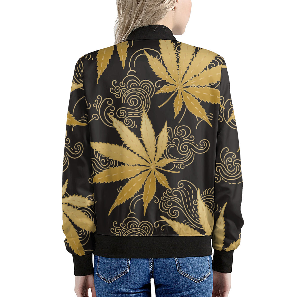 Gold Cannabis Leaf Pattern Print Women's Bomber Jacket