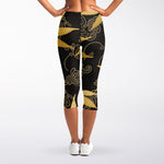 Gold Cannabis Leaf Pattern Print Women's Capri Leggings