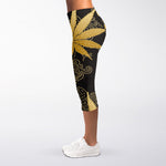 Gold Cannabis Leaf Pattern Print Women's Capri Leggings