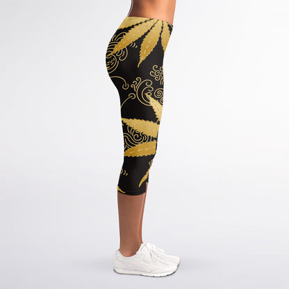Gold Cannabis Leaf Pattern Print Women's Capri Leggings