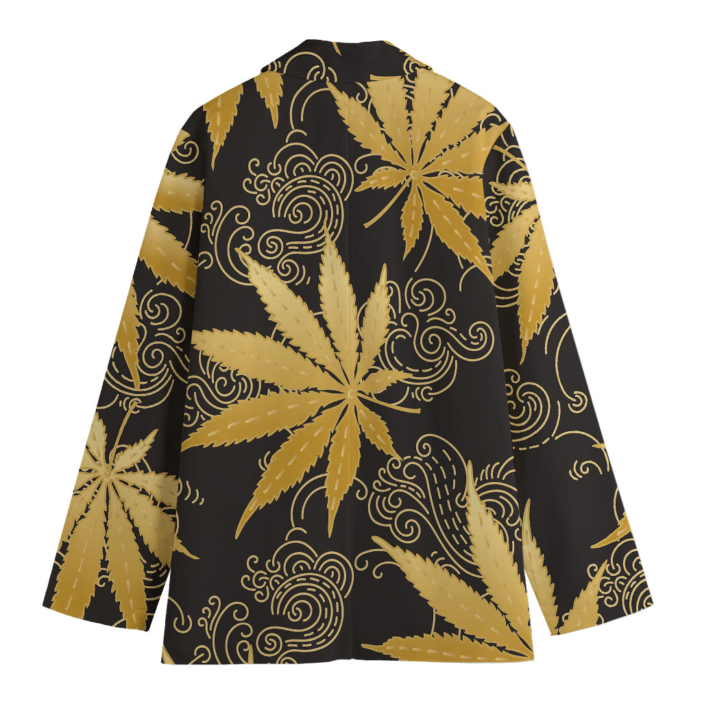 Gold Cannabis Leaf Pattern Print Women's Cotton Blazer