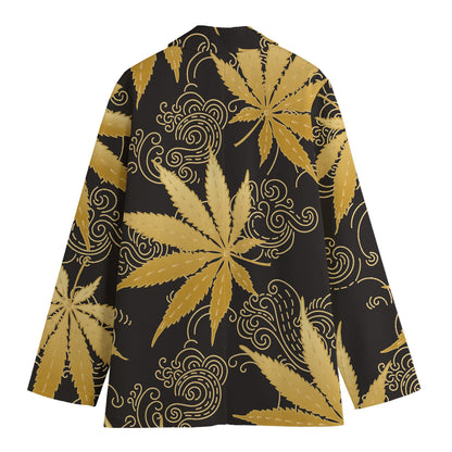 Gold Cannabis Leaf Pattern Print Women's Cotton Blazer