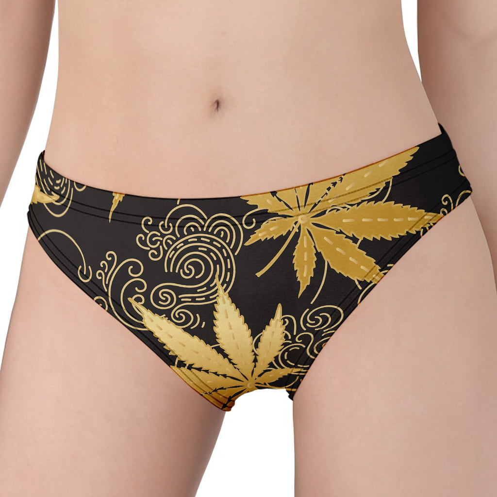 Gold Cannabis Leaf Pattern Print Women's Panties