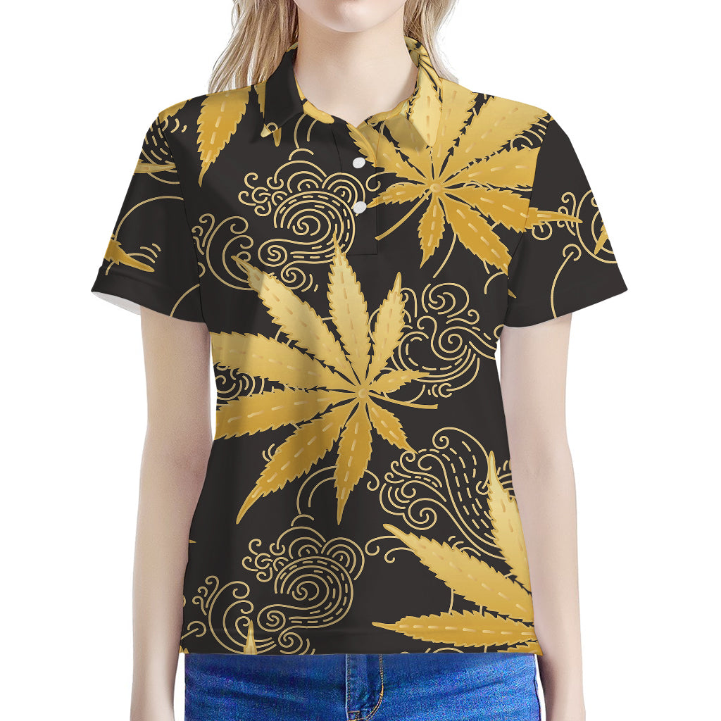 Gold Cannabis Leaf Pattern Print Women's Polo Shirt