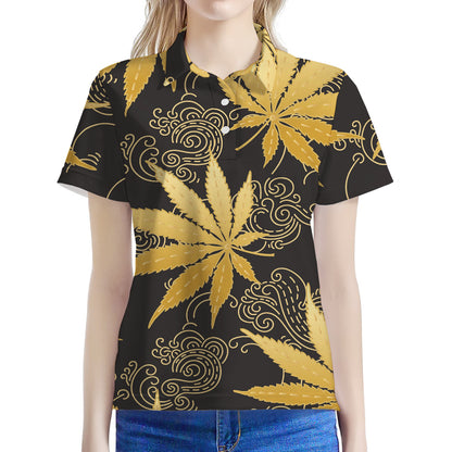 Gold Cannabis Leaf Pattern Print Women's Polo Shirt