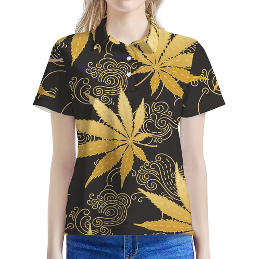 Gold Cannabis Leaf Pattern Print Women's Polo Shirt