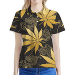 Gold Cannabis Leaf Pattern Print Women's Polo Shirt