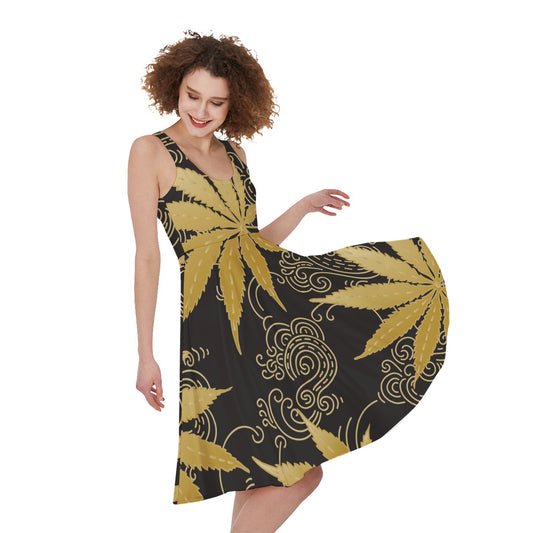 Gold Cannabis Leaf Pattern Print Women's Sleeveless Dress