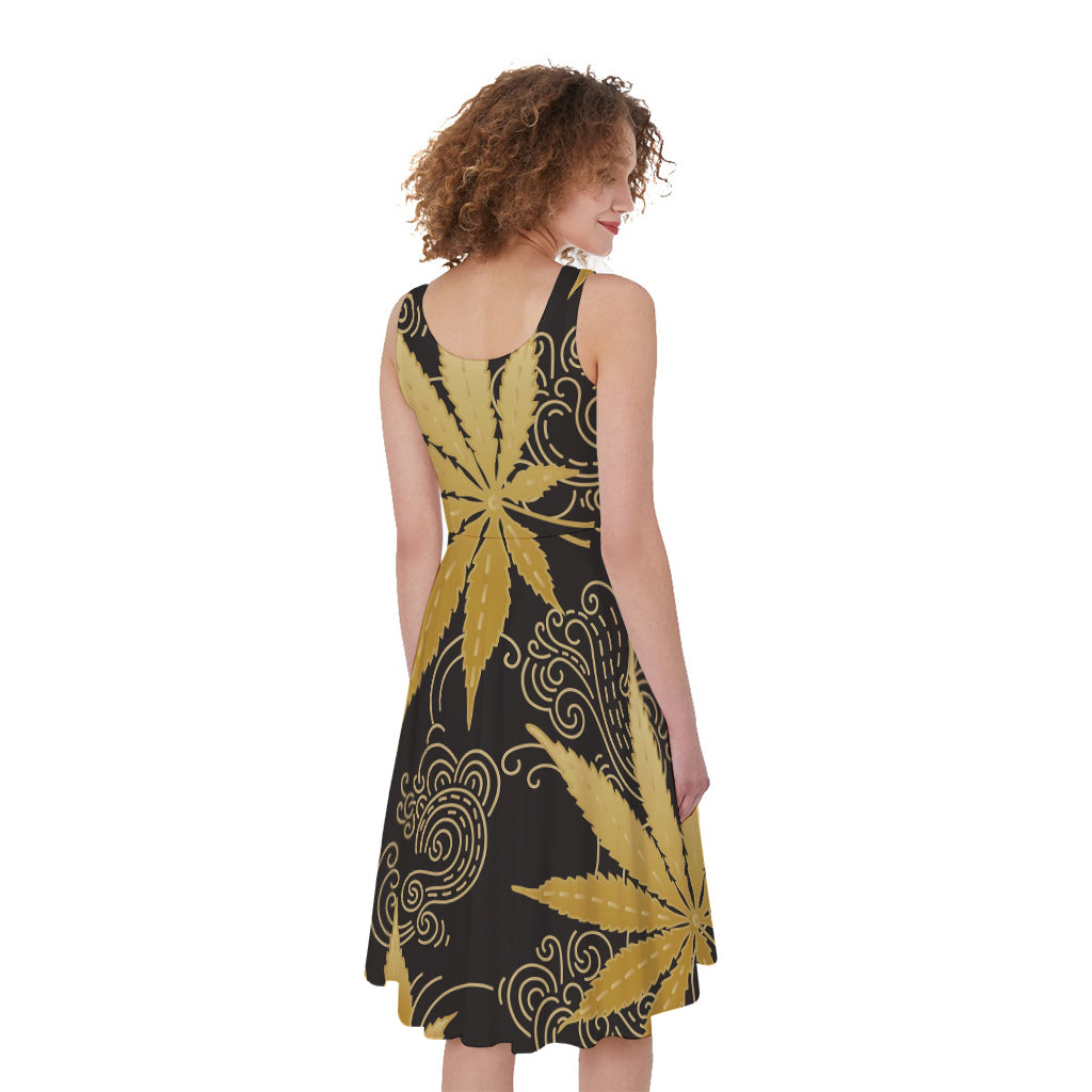 Gold Cannabis Leaf Pattern Print Women's Sleeveless Dress