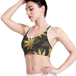 Gold Cannabis Leaf Pattern Print Women's Sports Bra