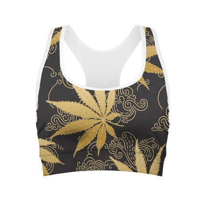 Gold Cannabis Leaf Pattern Print Women's Sports Bra