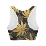 Gold Cannabis Leaf Pattern Print Women's Sports Bra
