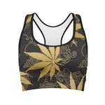 Gold Cannabis Leaf Pattern Print Women's Sports Bra