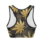 Gold Cannabis Leaf Pattern Print Women's Sports Bra