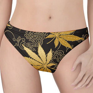 Gold Cannabis Leaf Pattern Print Women's Thong