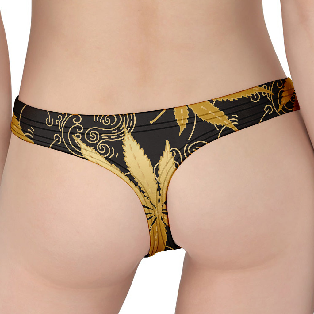 Gold Cannabis Leaf Pattern Print Women's Thong