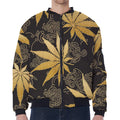 Gold Cannabis Leaf Pattern Print Zip Sleeve Bomber Jacket