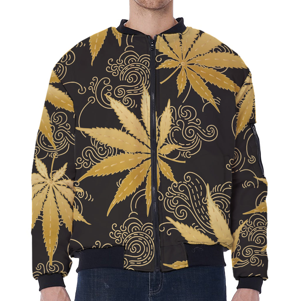 Gold Cannabis Leaf Pattern Print Zip Sleeve Bomber Jacket