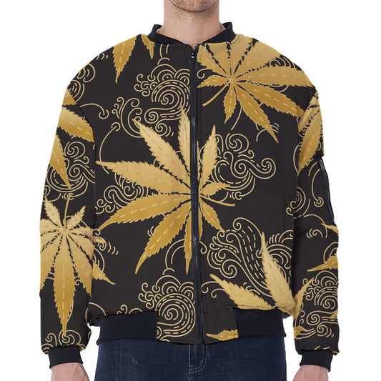 Gold Cannabis Leaf Pattern Print Zip Sleeve Bomber Jacket