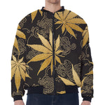 Gold Cannabis Leaf Pattern Print Zip Sleeve Bomber Jacket